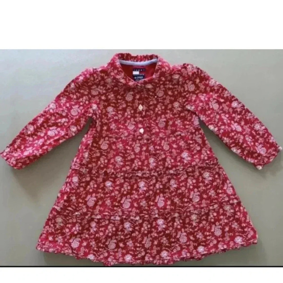 Tommy Hilfiger Toddler Girl Dress 18-24m Red Rose Pattern Long Sleeves Ruffles - Picture 1 of 4